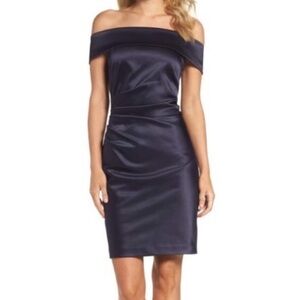 Eliza J | Alexia Ruched Off Shoulder Satin Sleek Sheath Dress Navy (10)